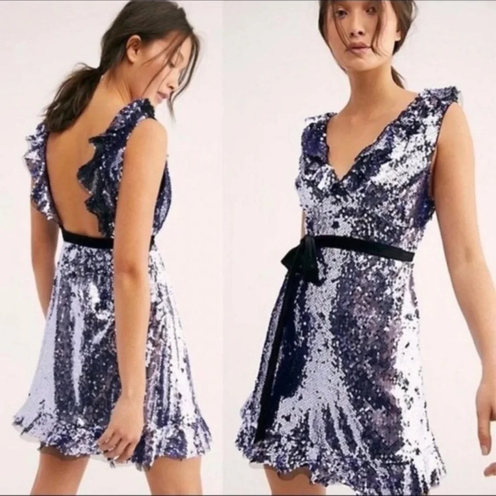 Free People Womens Siren Purple Sequins A-line Mini Dress Sz 2 Coctail Party Fun